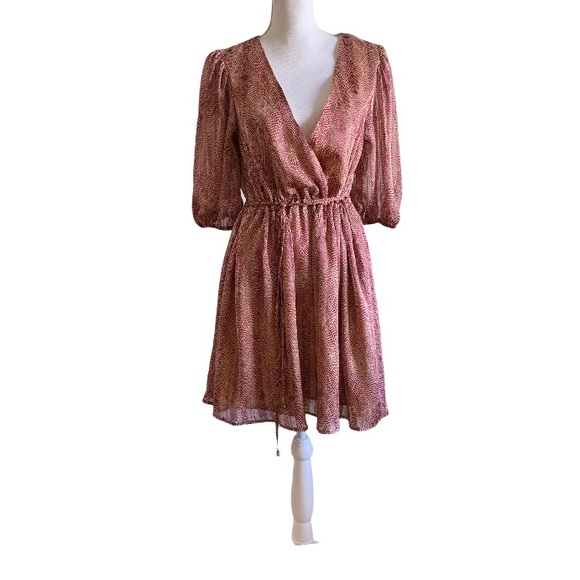 FRONT WRAP V NECK 3/4 SLEEVE WINE PATTERN DRESS - Picture 2 of 11